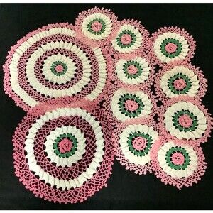 Estate Set of 11 Vintage Doilies Hand Crocheted White Ruffles Pink Roses Cottage